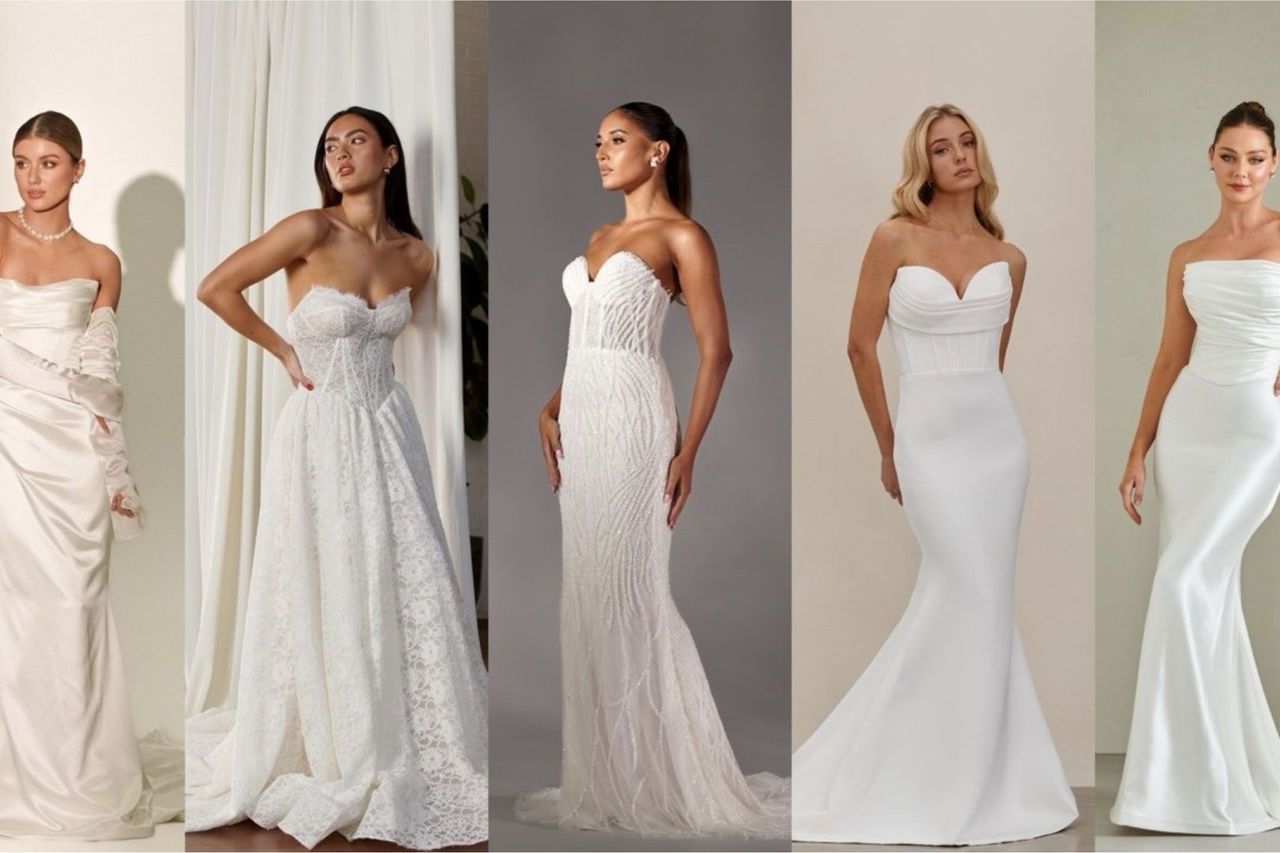 Five brides in wedding dresses