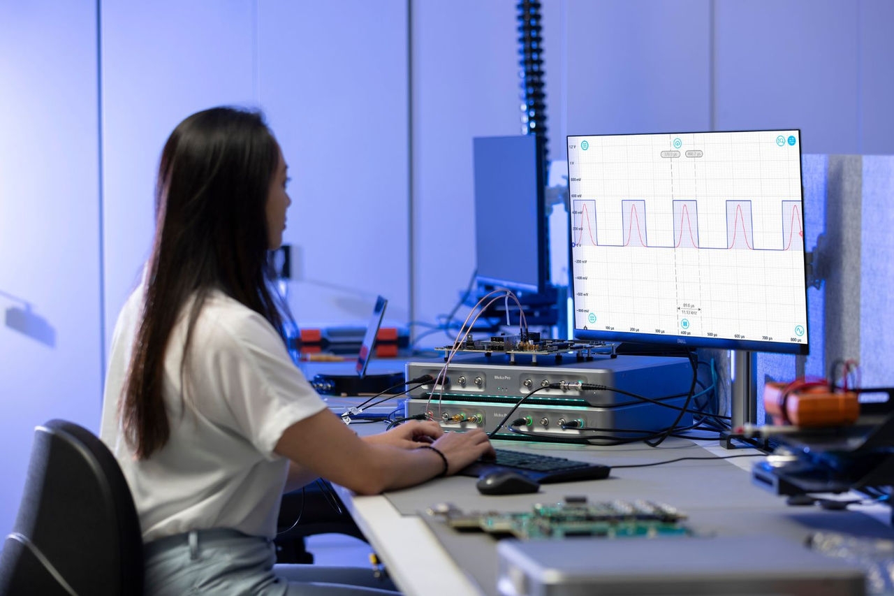 A woman types on a computer keyboard while sitting at a desk with a computer monitor displaying graphical information