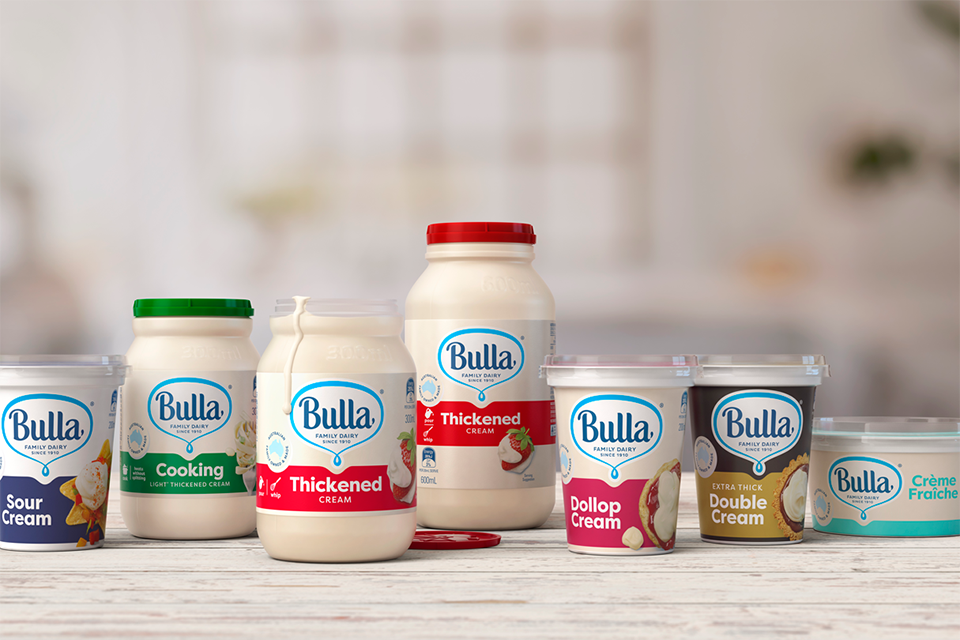 Display of 7 Bulla branded dairy products in containers