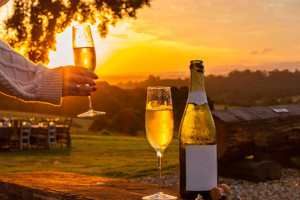 Wine glasses and bottle on table in a winery