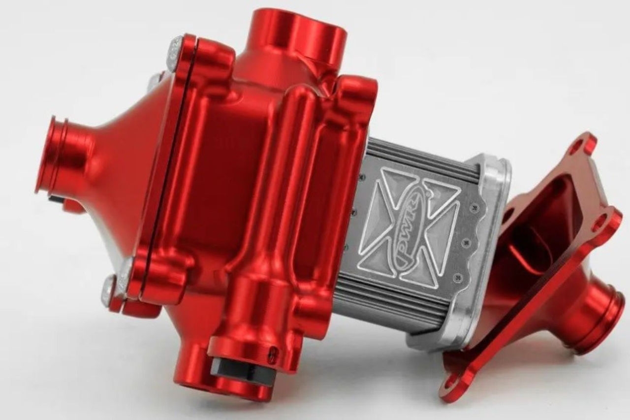 A red and silver metal machined fitting