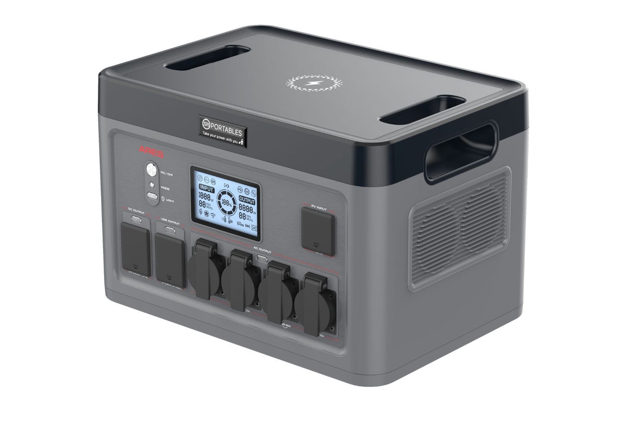 a rectangular grey plastic portable power battery pack with a digital display and seven plug outlets