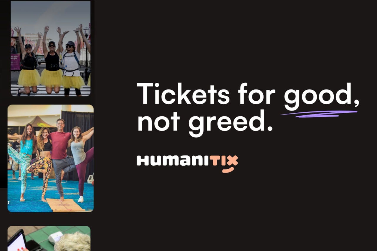 An advertising poster with three boxes on the left side showing people attending different events and the words 'Tickets for good not greed' displayed on a black background