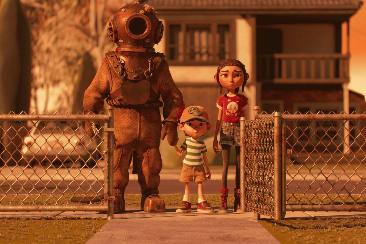 Three animated characters, one dressed in a diver's suit and helmet, stand at a front gate