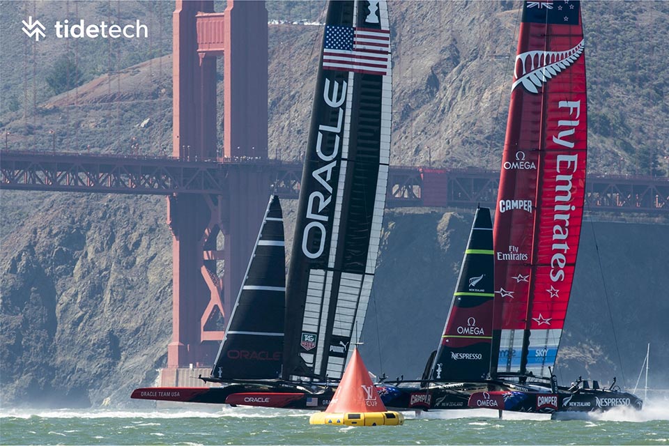 2 large sailing boats on water with Golden Gate Bridge in the background
