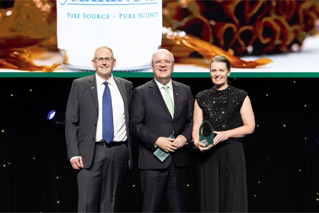 People on a stage receiving an award.