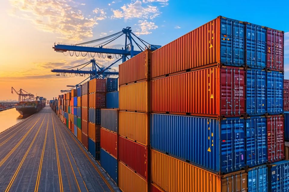 A row of shipping containers on a dock