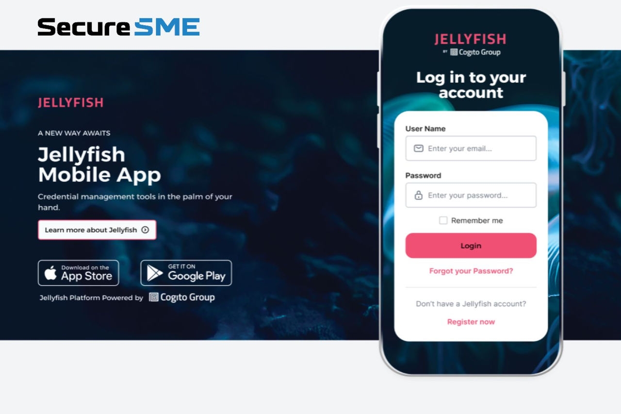 An advert promoting Jellyfish mobile app with a mobile device displaying a log in screen