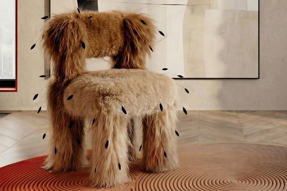 Chair covered in light brown fur and black feathers