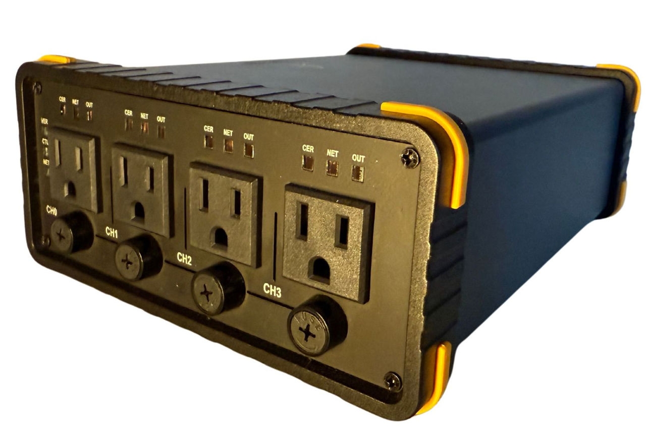 black plastic rectangular box with power outlets and adjustment knobs