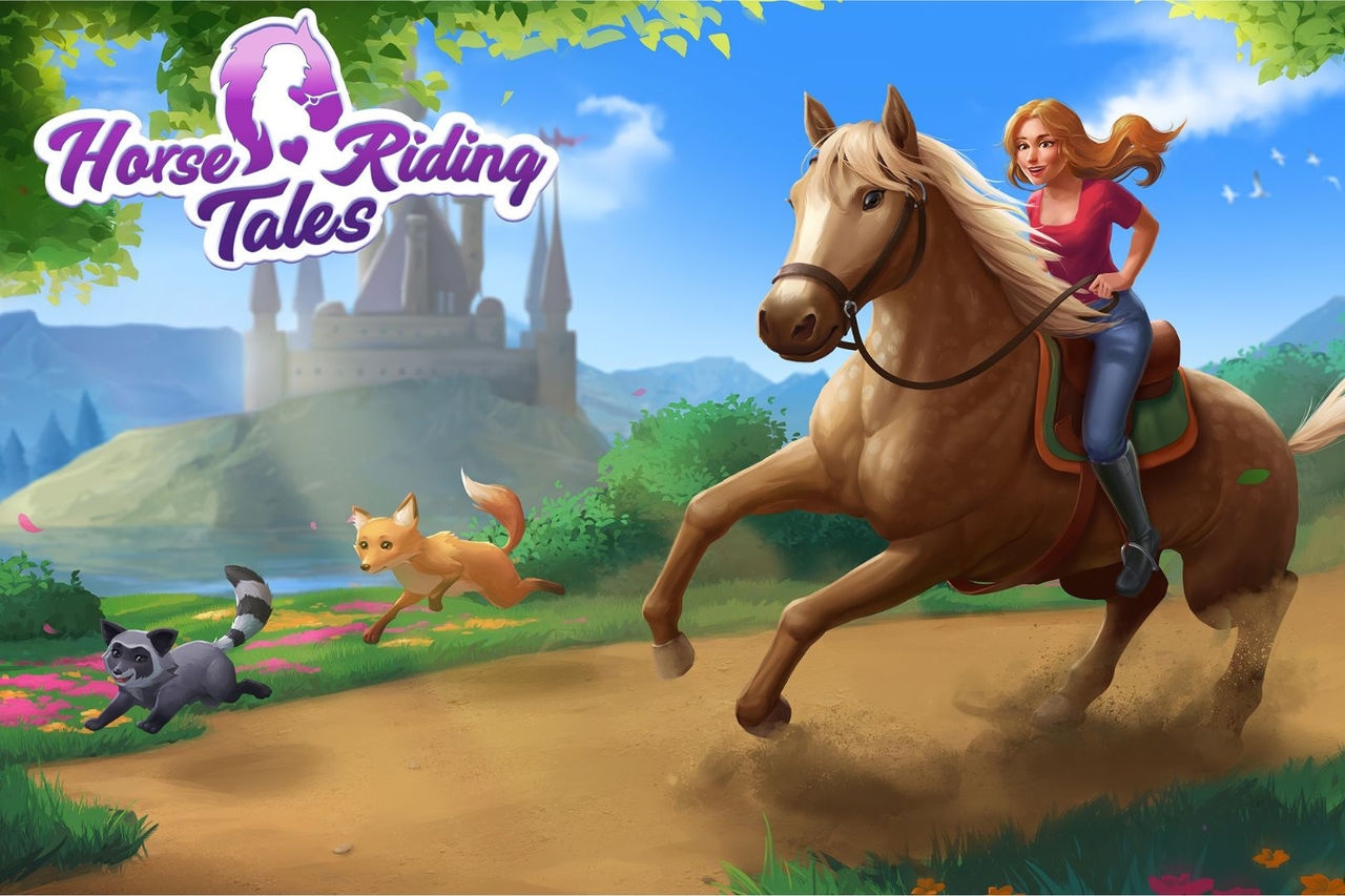 A digital game scene showing a girl riding a horse with a fox and dog running alongside with a castle in the background