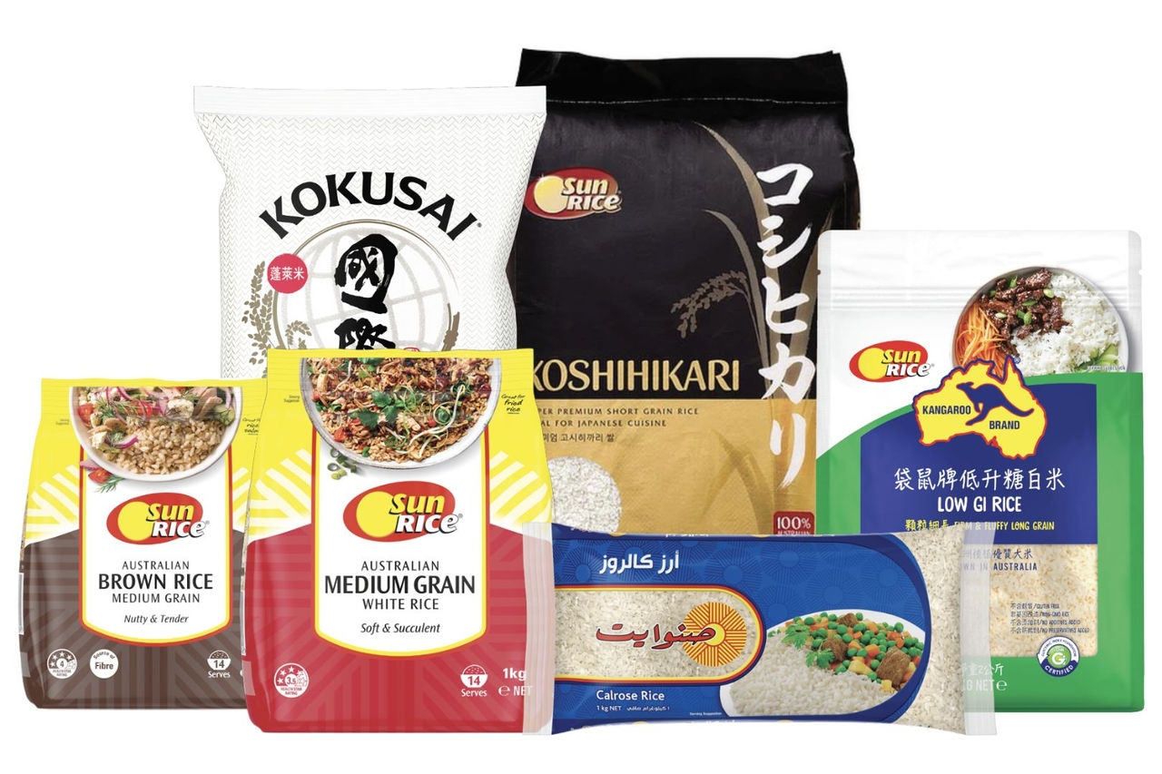 An assortment of rice product packages lined up