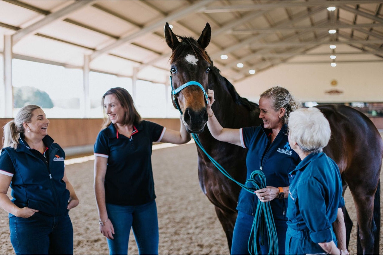 Four women and a horse stand in a practice ring